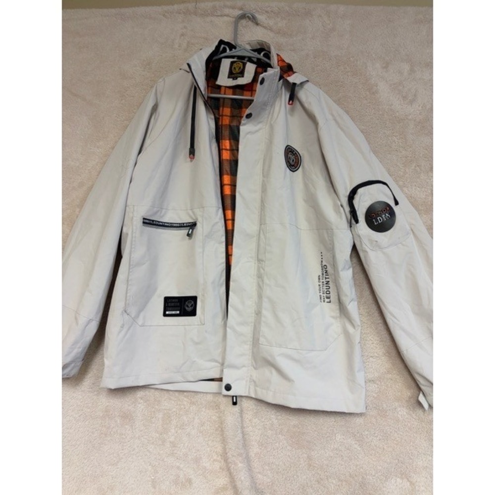 LEDUNTINO Mens XL Beige Plaid Lined Hooded Jacket Outerwear CF1986